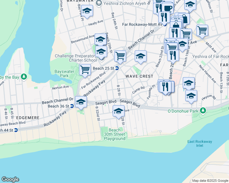 map of restaurants, bars, coffee shops, grocery stores, and more near 28-15 Deerfield Road in Queens