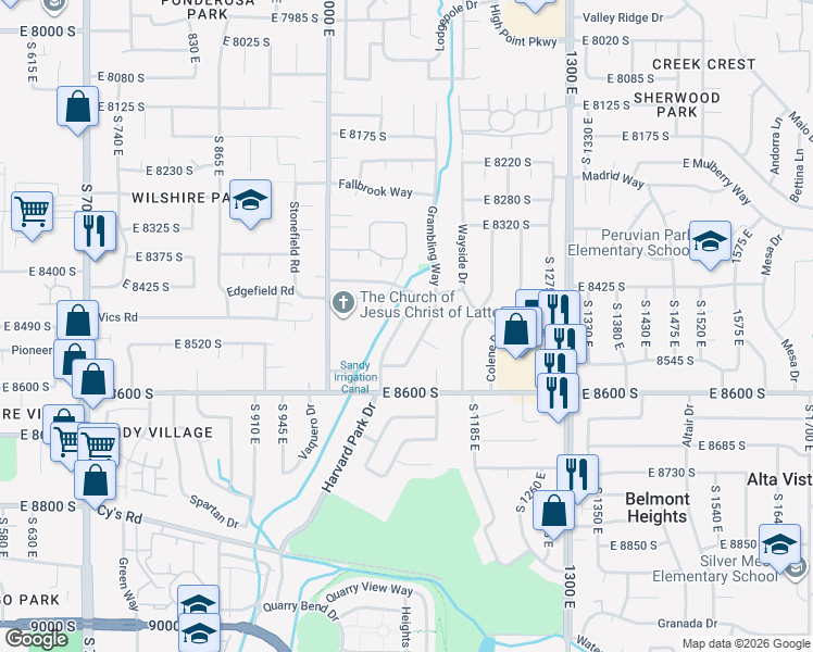 map of restaurants, bars, coffee shops, grocery stores, and more near 8485 South Harvard Park Drive in Sandy