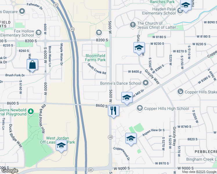 map of restaurants, bars, coffee shops, grocery stores, and more near 8499 Boulder Creek Road in West Jordan