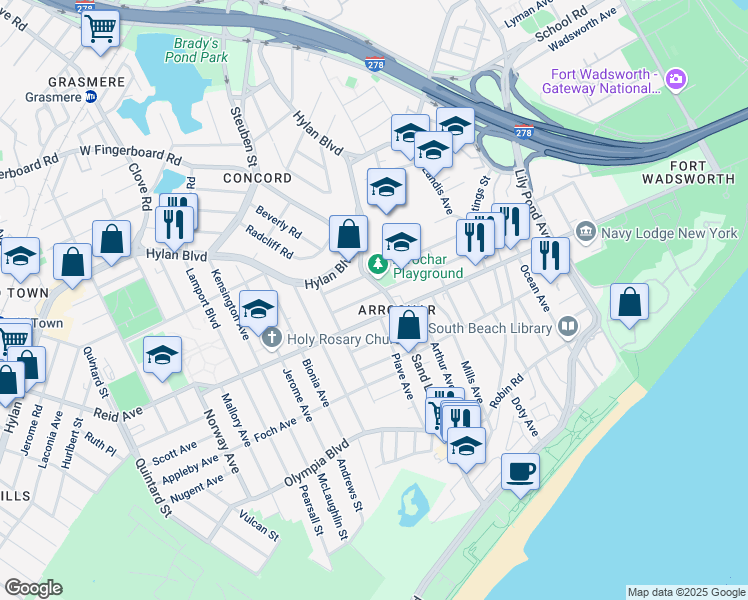 map of restaurants, bars, coffee shops, grocery stores, and more near 86 Sand Lane in Staten Island