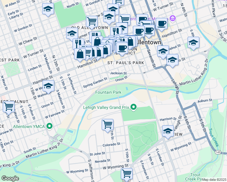 map of restaurants, bars, coffee shops, grocery stores, and more near 600 South 10th Street in Allentown