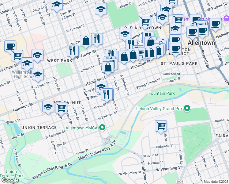 map of restaurants, bars, coffee shops, grocery stores, and more near 1250 Walnut Street in Allentown