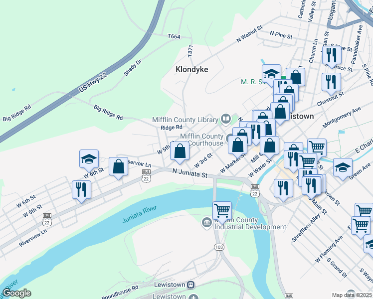 map of restaurants, bars, coffee shops, grocery stores, and more near 131 West 4th Street in Lewistown