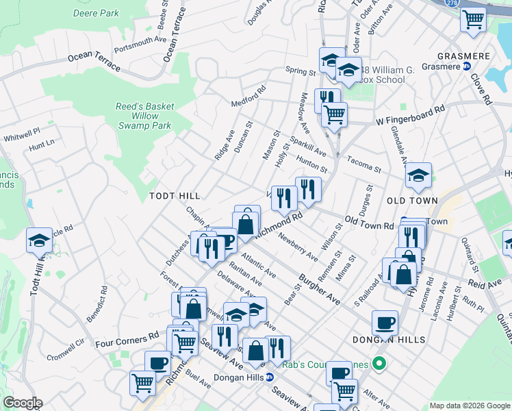 map of restaurants, bars, coffee shops, grocery stores, and more near 22 Dutchess Avenue in Staten Island