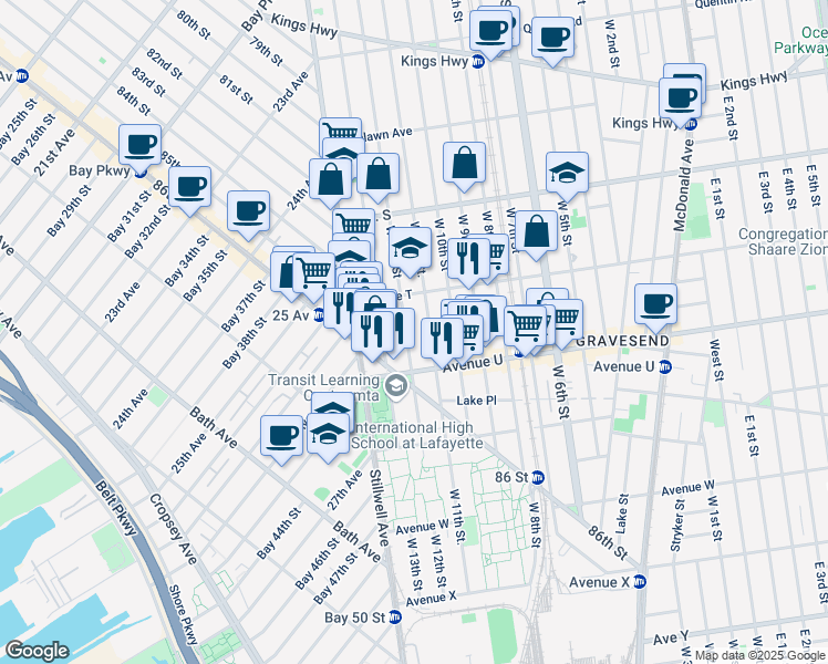 map of restaurants, bars, coffee shops, grocery stores, and more near 2031 West 12th Street in Brooklyn