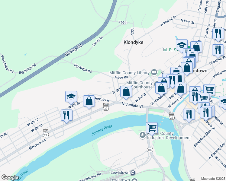 map of restaurants, bars, coffee shops, grocery stores, and more near 304 Bratton Avenue in Lewistown