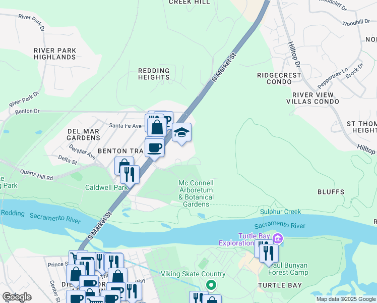 map of restaurants, bars, coffee shops, grocery stores, and more near 1330 Arboretum Drive in Redding