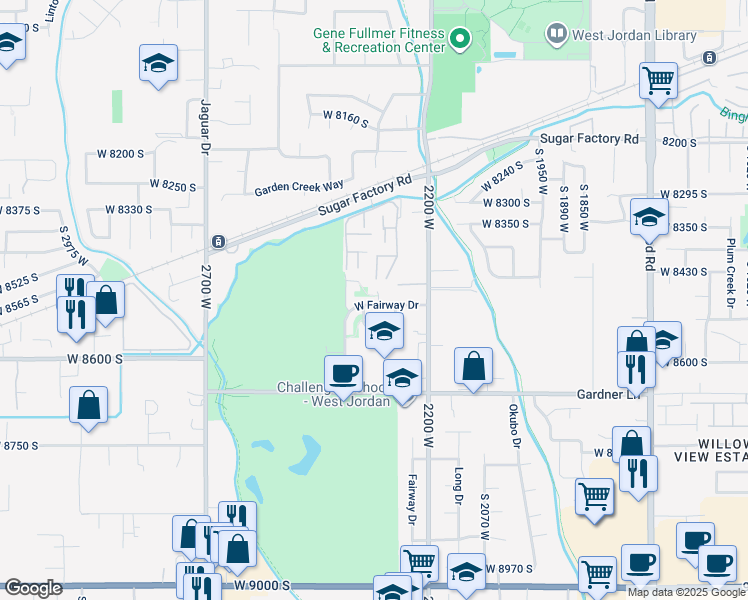 map of restaurants, bars, coffee shops, grocery stores, and more near 2320 West Fairway Drive in West Jordan