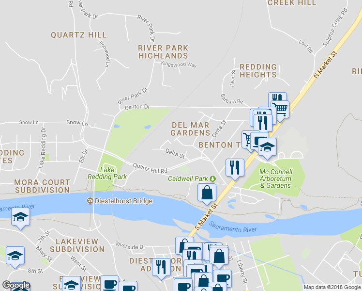map of restaurants, bars, coffee shops, grocery stores, and more near 1817 Del Mar Avenue in Redding