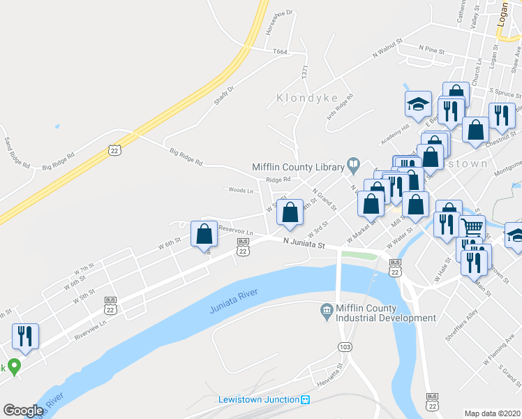map of restaurants, bars, coffee shops, grocery stores, and more near 304 Bratton Avenue in Lewistown