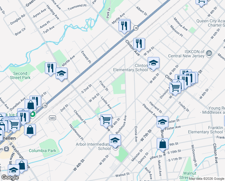 map of restaurants, bars, coffee shops, grocery stores, and more near 1505 West 3rd Street in Plainfield