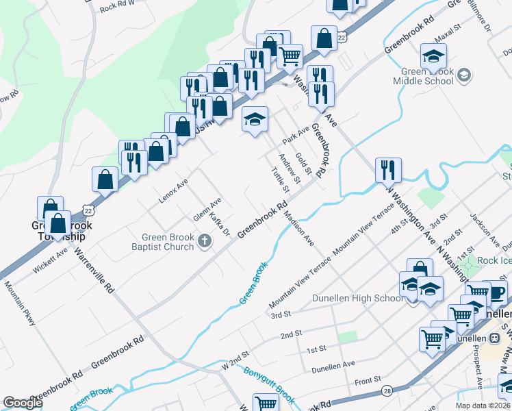 map of restaurants, bars, coffee shops, grocery stores, and more near 2 Greenway Lane in Green Brook Township