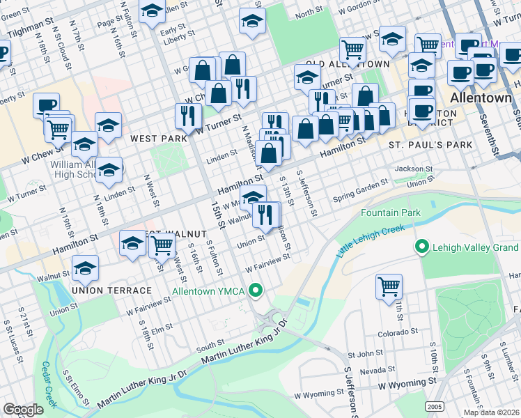 map of restaurants, bars, coffee shops, grocery stores, and more near 38 South Madison Street in Allentown