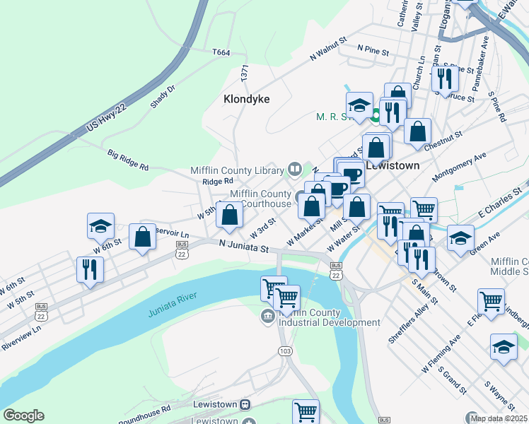 map of restaurants, bars, coffee shops, grocery stores, and more near in Lewistown