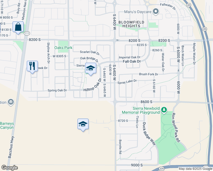 map of restaurants, bars, coffee shops, grocery stores, and more near 8497 South 6465 West in West Jordan