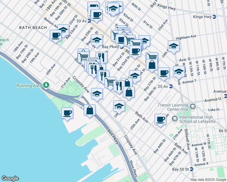 map of restaurants, bars, coffee shops, grocery stores, and more near 8773 23rd Avenue in Brooklyn