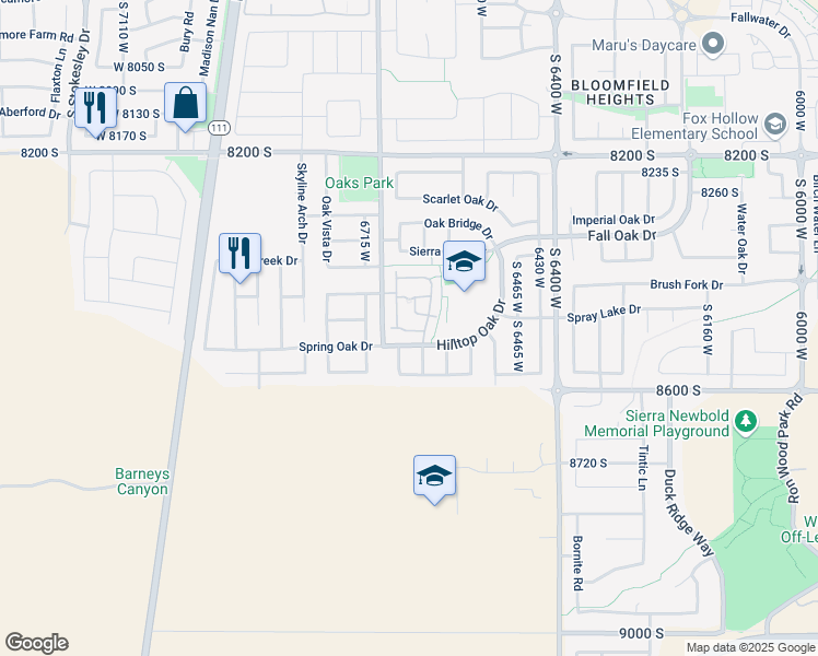 map of restaurants, bars, coffee shops, grocery stores, and more near 6648 Merlot Way in West Jordan