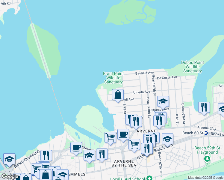 map of restaurants, bars, coffee shops, grocery stores, and more near 72-03 Hillmeyer Avenue in Queens