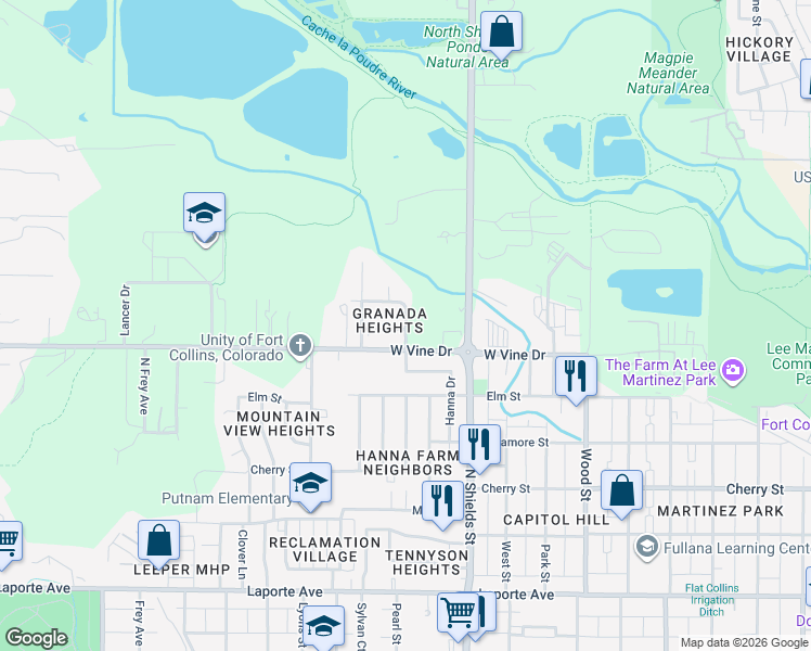 map of restaurants, bars, coffee shops, grocery stores, and more near 1200 Hanna Street in Fort Collins