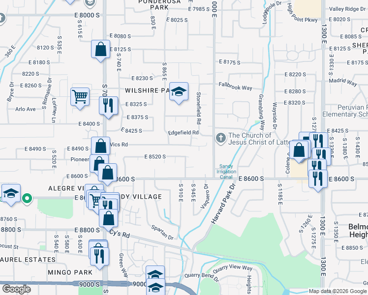 map of restaurants, bars, coffee shops, grocery stores, and more near 907 Vics Road in Sandy