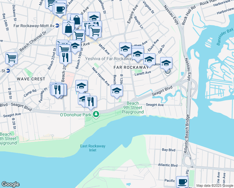 map of restaurants, bars, coffee shops, grocery stores, and more near 13-3 New Haven Avenue in Queens