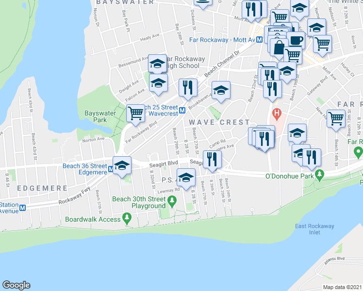 map of restaurants, bars, coffee shops, grocery stores, and more near 411 Beach 29th Street in Queens