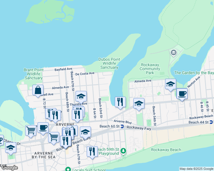 map of restaurants, bars, coffee shops, grocery stores, and more near 62-0 Almeda Avenue in Queens