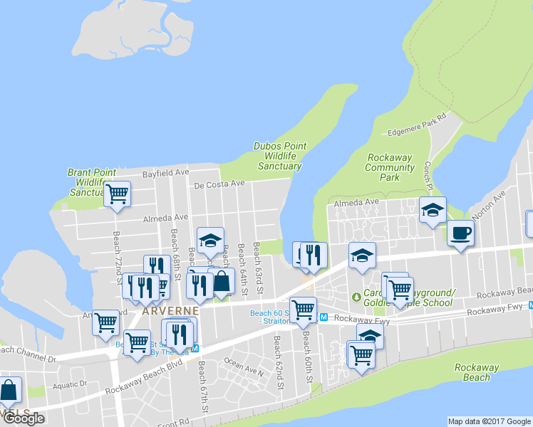 map of restaurants, bars, coffee shops, grocery stores, and more near 6-02 Beach 63rd Street in Queens