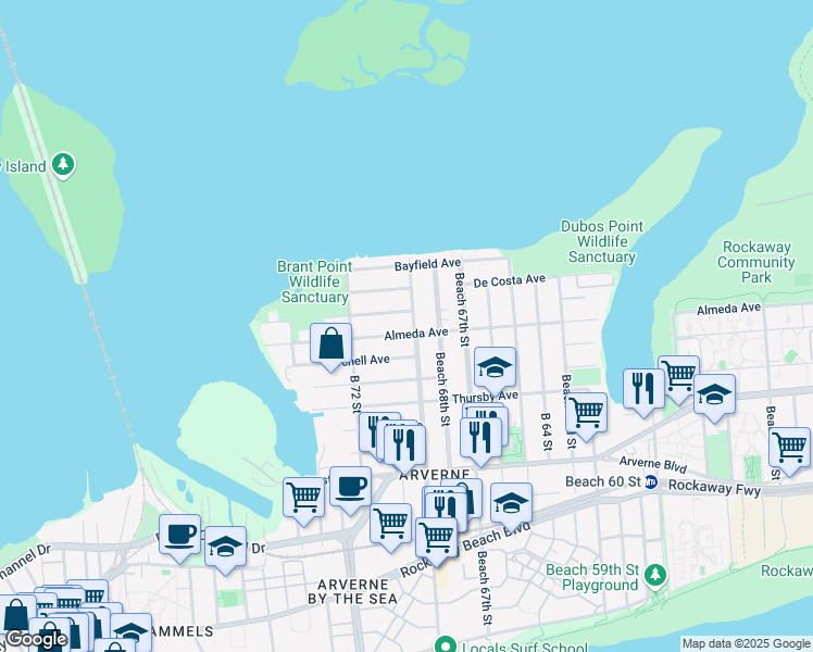 map of restaurants, bars, coffee shops, grocery stores, and more near 616 Beach 69th Street in Queens