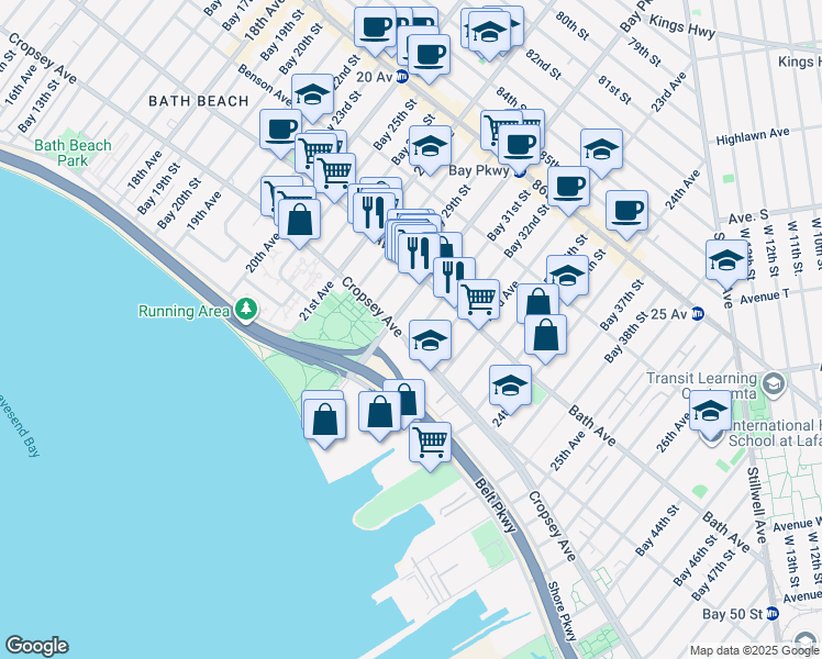 map of restaurants, bars, coffee shops, grocery stores, and more near 8811 Bay Parkway in Brooklyn