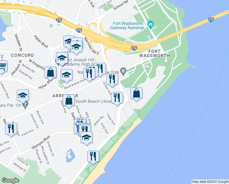 map of restaurants, bars, coffee shops, grocery stores, and more near 45 Ocean Avenue in Staten Island
