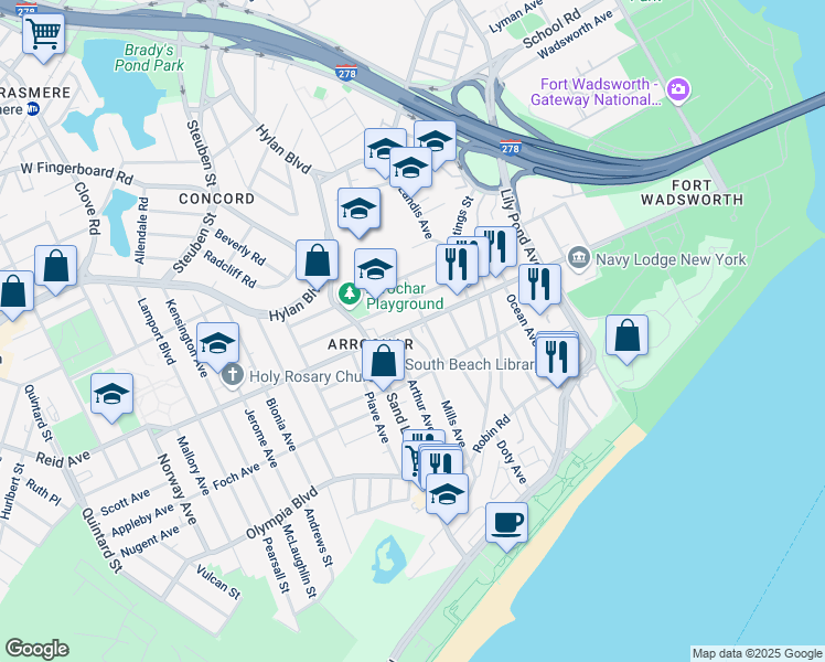 map of restaurants, bars, coffee shops, grocery stores, and more near 187 McClean Avenue in Staten Island