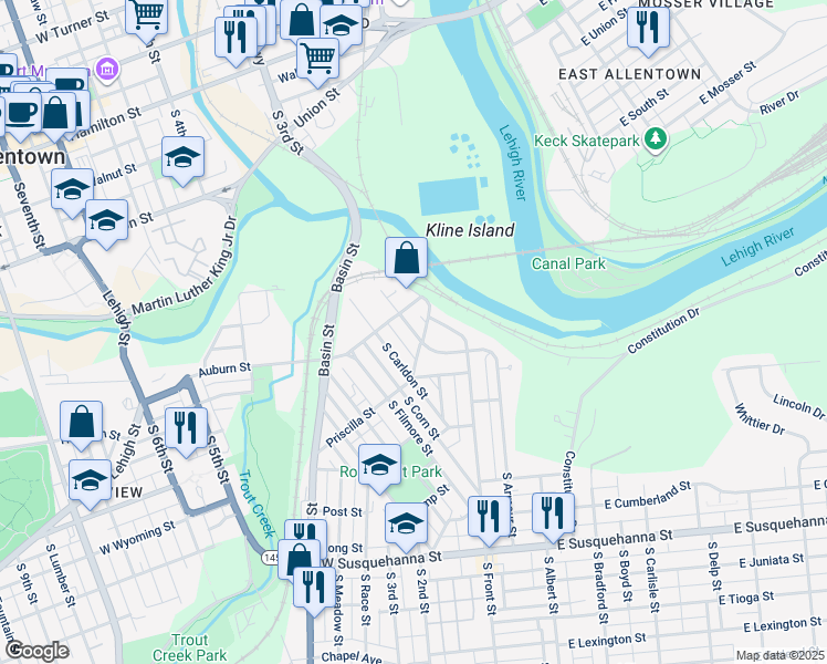 map of restaurants, bars, coffee shops, grocery stores, and more near 609 South Fawn Street in Allentown