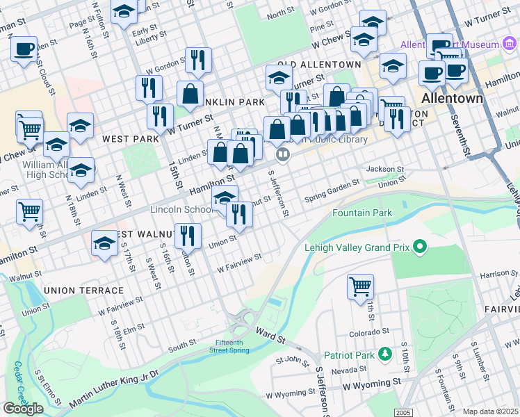 map of restaurants, bars, coffee shops, grocery stores, and more near 1250 Walnut Street in Allentown