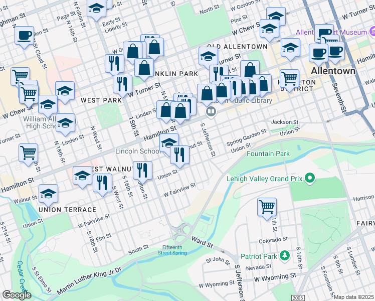 map of restaurants, bars, coffee shops, grocery stores, and more near 38 South Madison Street in Allentown