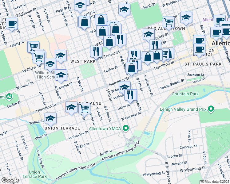 map of restaurants, bars, coffee shops, grocery stores, and more near 1444 Hamilton Street in Allentown