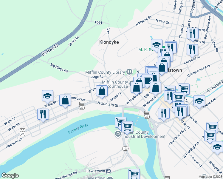 map of restaurants, bars, coffee shops, grocery stores, and more near 114 West 4th Street in Lewistown