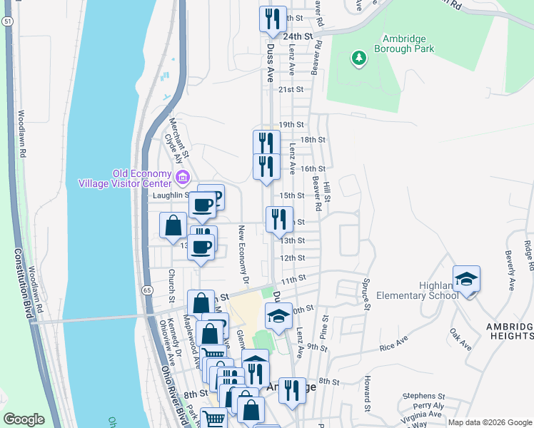 map of restaurants, bars, coffee shops, grocery stores, and more near 1422 Duss Avenue in Ambridge