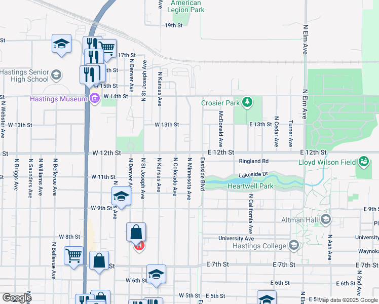 map of restaurants, bars, coffee shops, grocery stores, and more near 1201 North Minnesota Avenue in Hastings