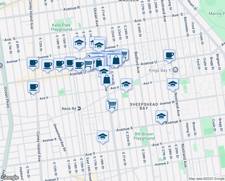 map of restaurants, bars, coffee shops, grocery stores, and more near 2250 East 21st Street in Brooklyn