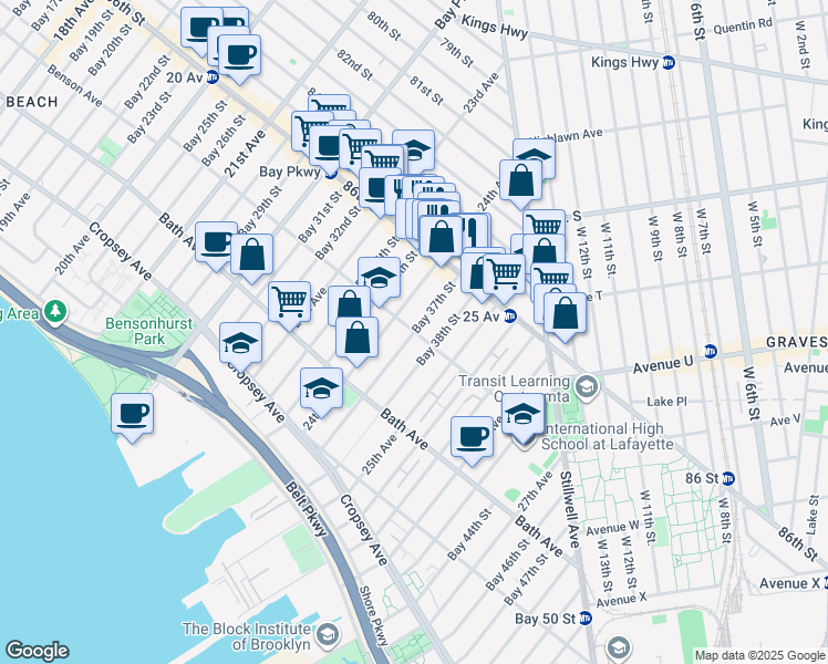 map of restaurants, bars, coffee shops, grocery stores, and more near Benson Ave & Bay 37th St in Brooklyn