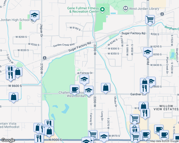 map of restaurants, bars, coffee shops, grocery stores, and more near 2256 West Fairway Drive in West Jordan