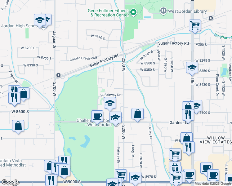 map of restaurants, bars, coffee shops, grocery stores, and more near 2256 West Fairway Drive in West Jordan