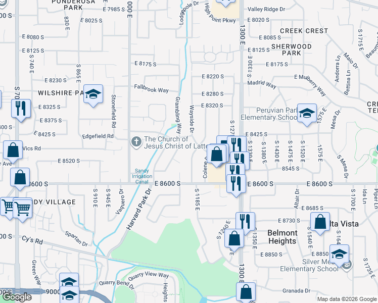 map of restaurants, bars, coffee shops, grocery stores, and more near 8492 South Fayeway Drive in Sandy