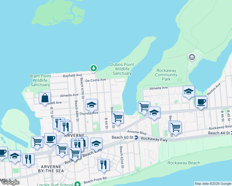 map of restaurants, bars, coffee shops, grocery stores, and more near 62-21 Almeda Avenue in Queens