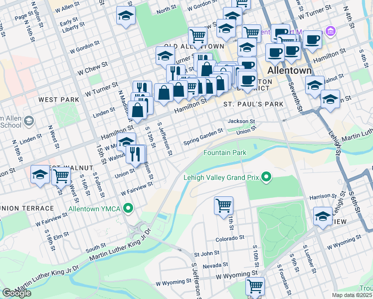 map of restaurants, bars, coffee shops, grocery stores, and more near 1137 Spring Garden Street in Allentown