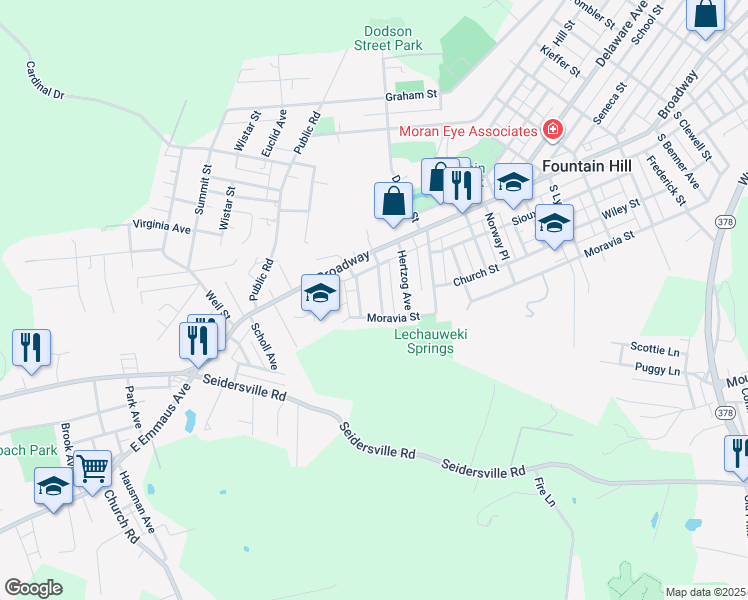 map of restaurants, bars, coffee shops, grocery stores, and more near 642 Roosevelt Avenue in Fountain Hill