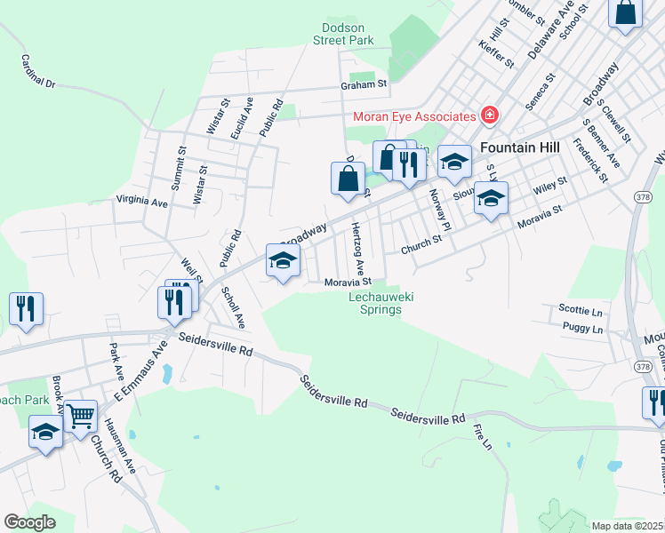 map of restaurants, bars, coffee shops, grocery stores, and more near 642 Roosevelt Avenue in Fountain Hill