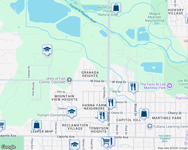 map of restaurants, bars, coffee shops, grocery stores, and more near 1200 Hanna Street in Fort Collins