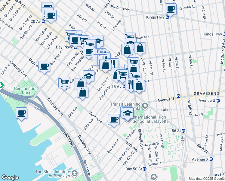 map of restaurants, bars, coffee shops, grocery stores, and more near 8648 25th Avenue in Brooklyn